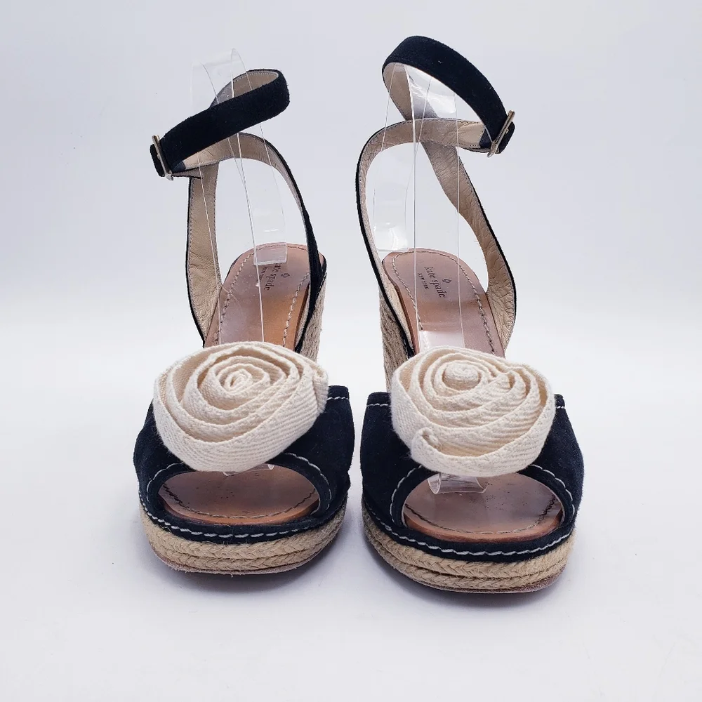 Kate Spade Brit Wedge Espadrille Sandal Black Suede Cream Rosette Twill Size 9.5